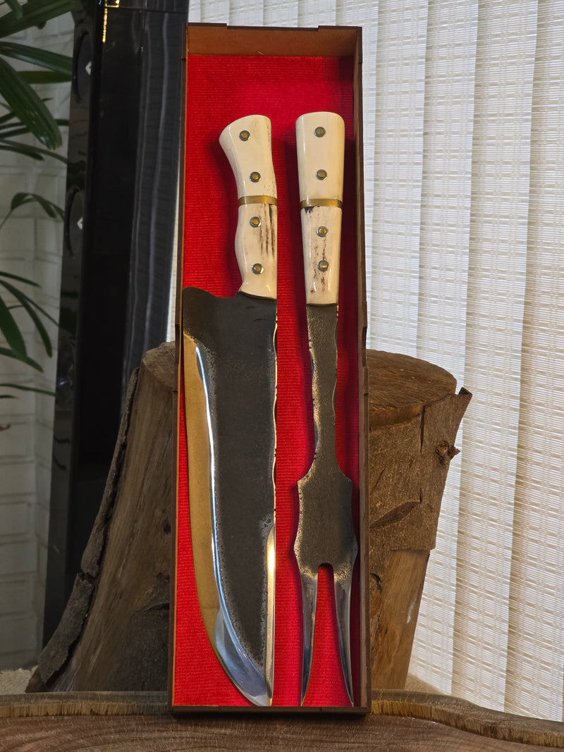 Kit Churrasco Faca e Garfo em Chifre de Cervo